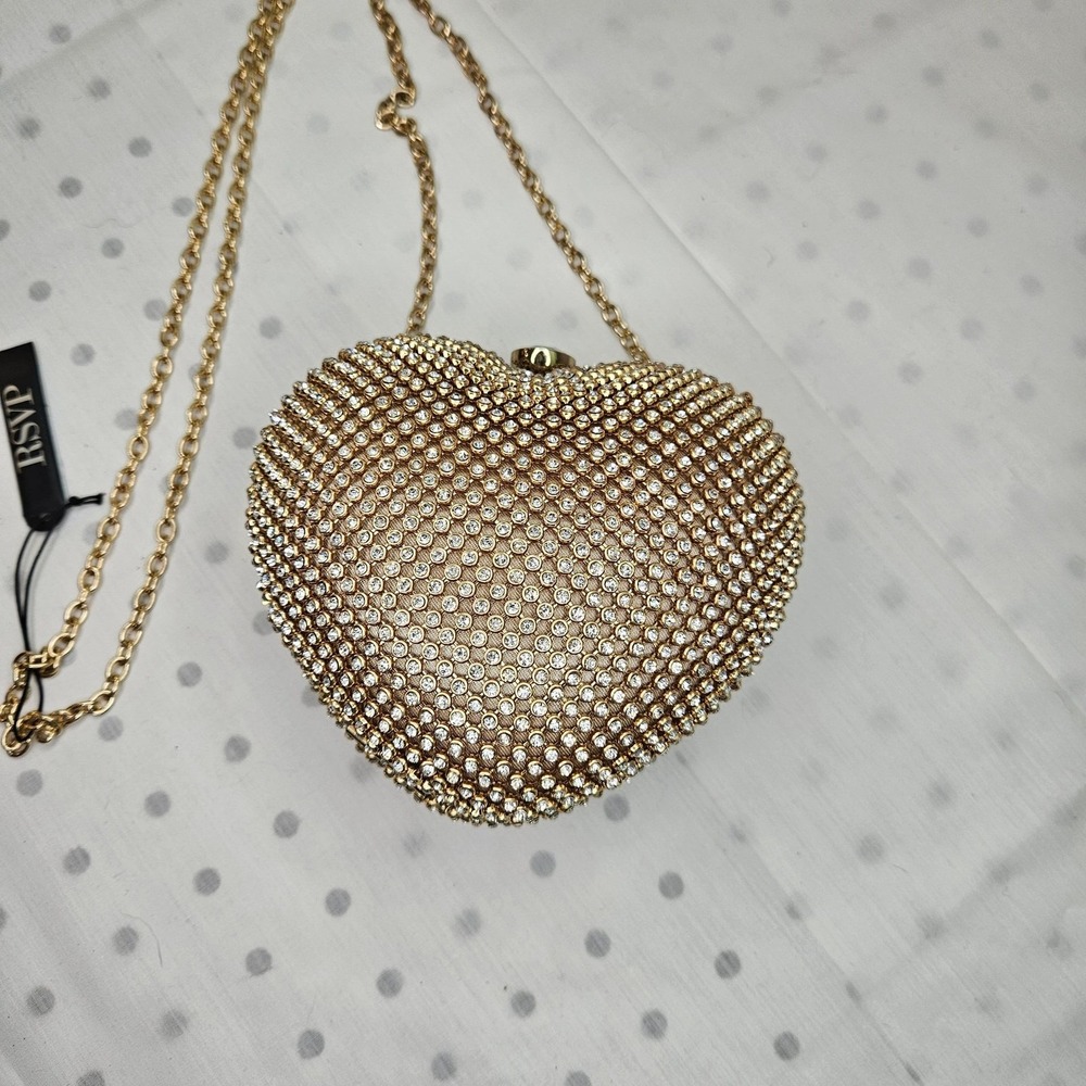 Gold Heart Shaped Rhinestone Evening Clutch‎ Bag with Chain Strap